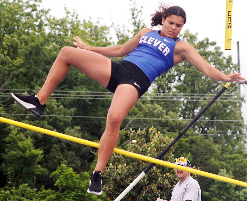CLEVER’S MALIYA CLARK tries to clear the bar in the pole vault.