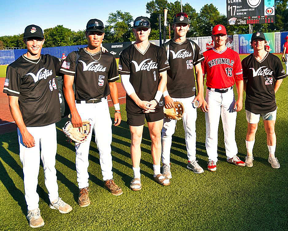 SHOW-ME LEAGUE PLAYERS (l-r) Sutton Hanks, Brody Baumann, Jaret Nelson, Greydon Miller, Ryan Retone and Hardy Dougan are suiting up for Victus and the Midwest Nationals.