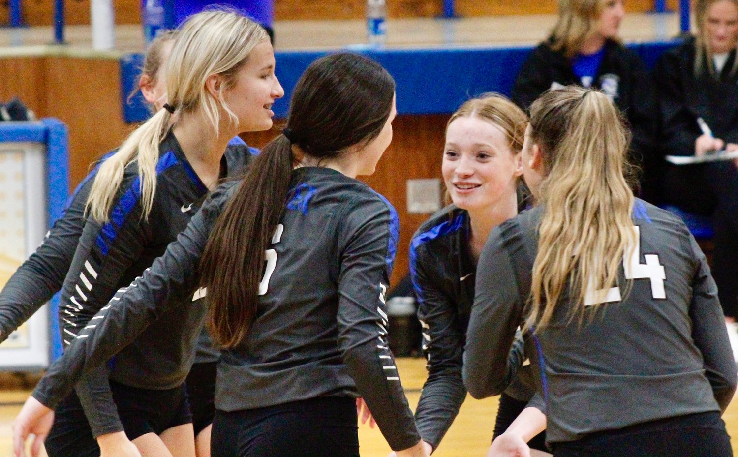 CLEVER'S AUDREY RILEY leads a Lady Jays celebration in their win at Billings on Tuesday.