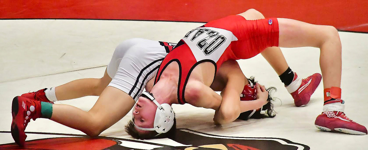 OZARK'S TEAGON PATTERSON is tangled up with Carl Junction's Lukas Walker.