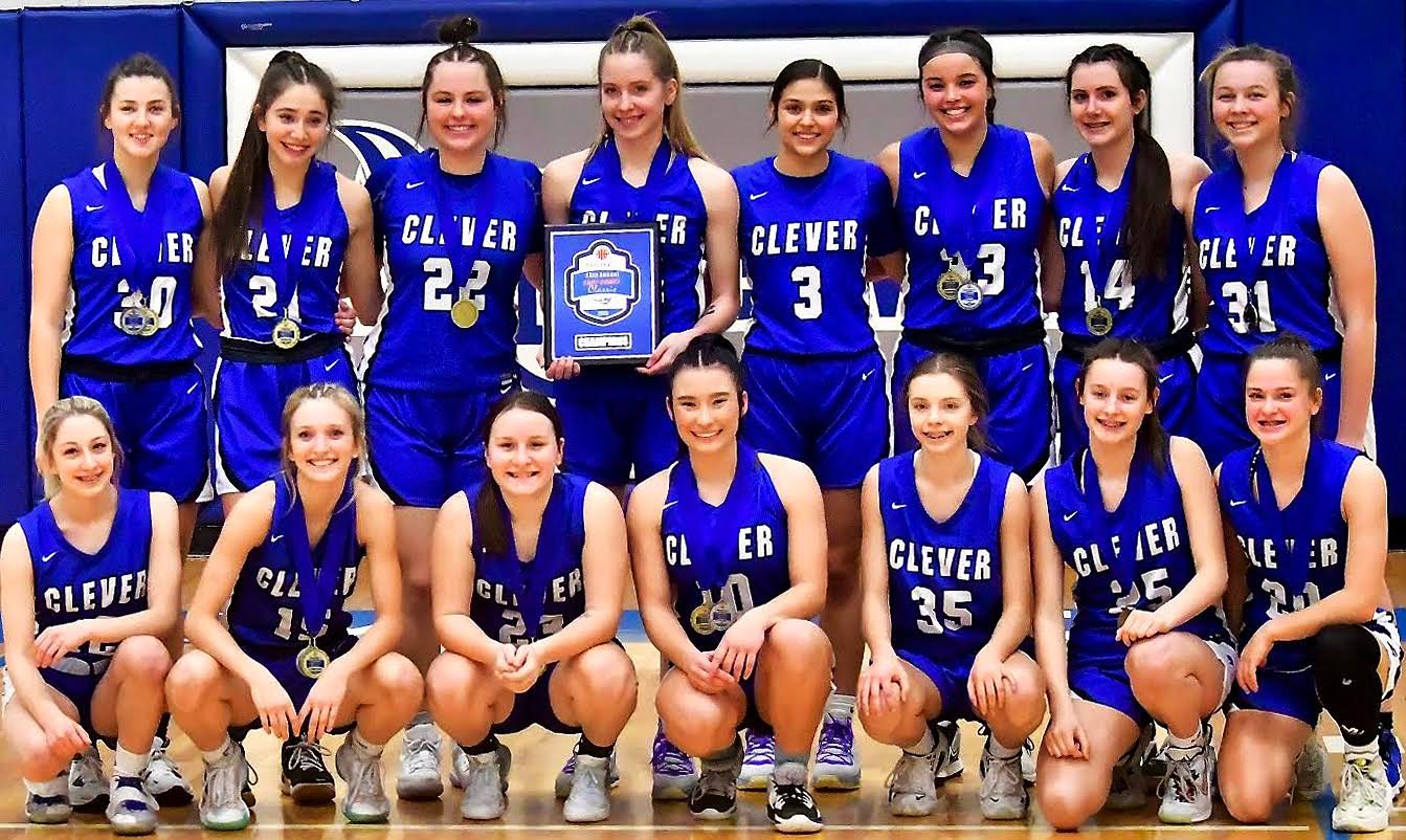 CLEVER'S LADY JAYS are all smiles after winning the Marionville Tournament championship.