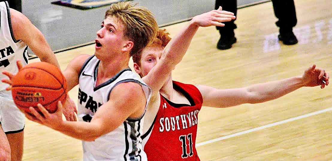 SPARTA'S WALKER LOVELAND breaks free for a layup against Southwest in Class 3 Sectional action earlier this week.