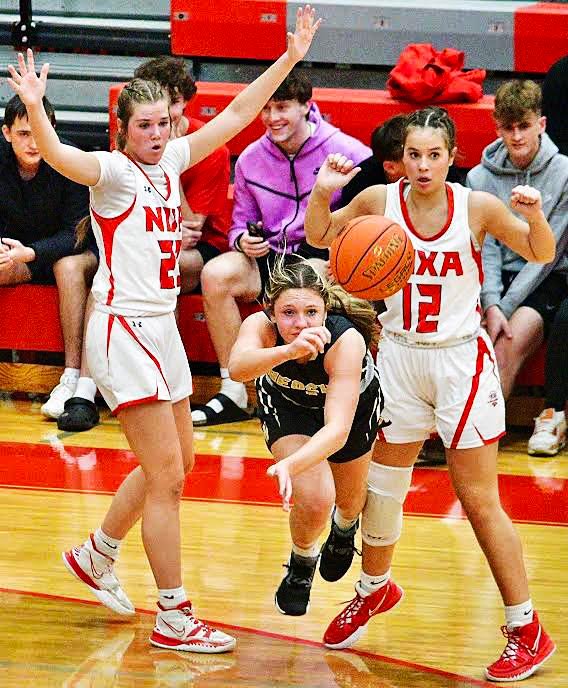 NIXA'S BROOKE TETER AND SADIE CONWAY force an errant pass.