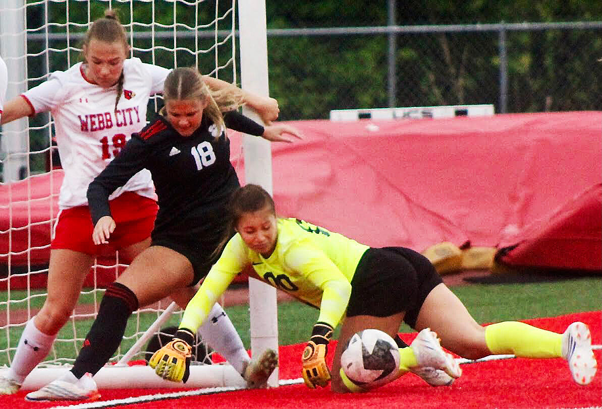 OZARK'S JOSI VAN RIESEN battles for the ball in front of the Lady Tigers' goal.