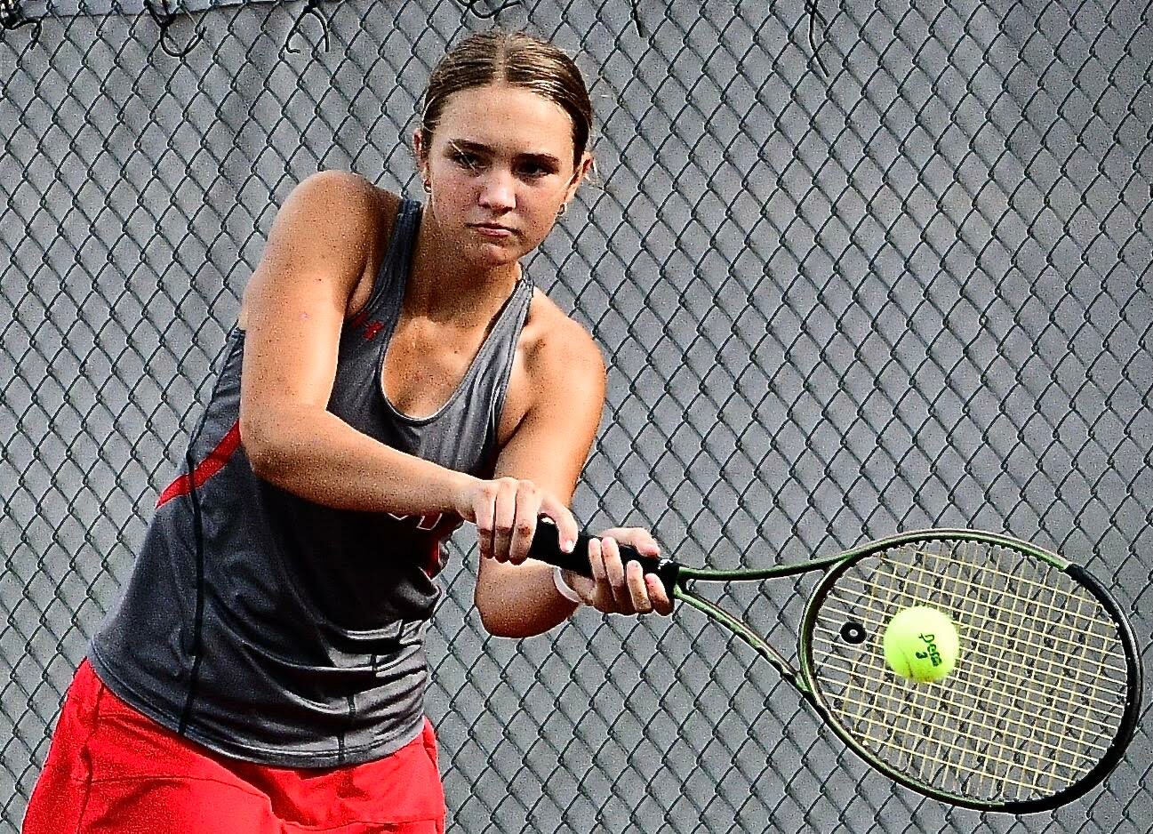 NIXA'S EMILY PETERSON connects on a backhand.