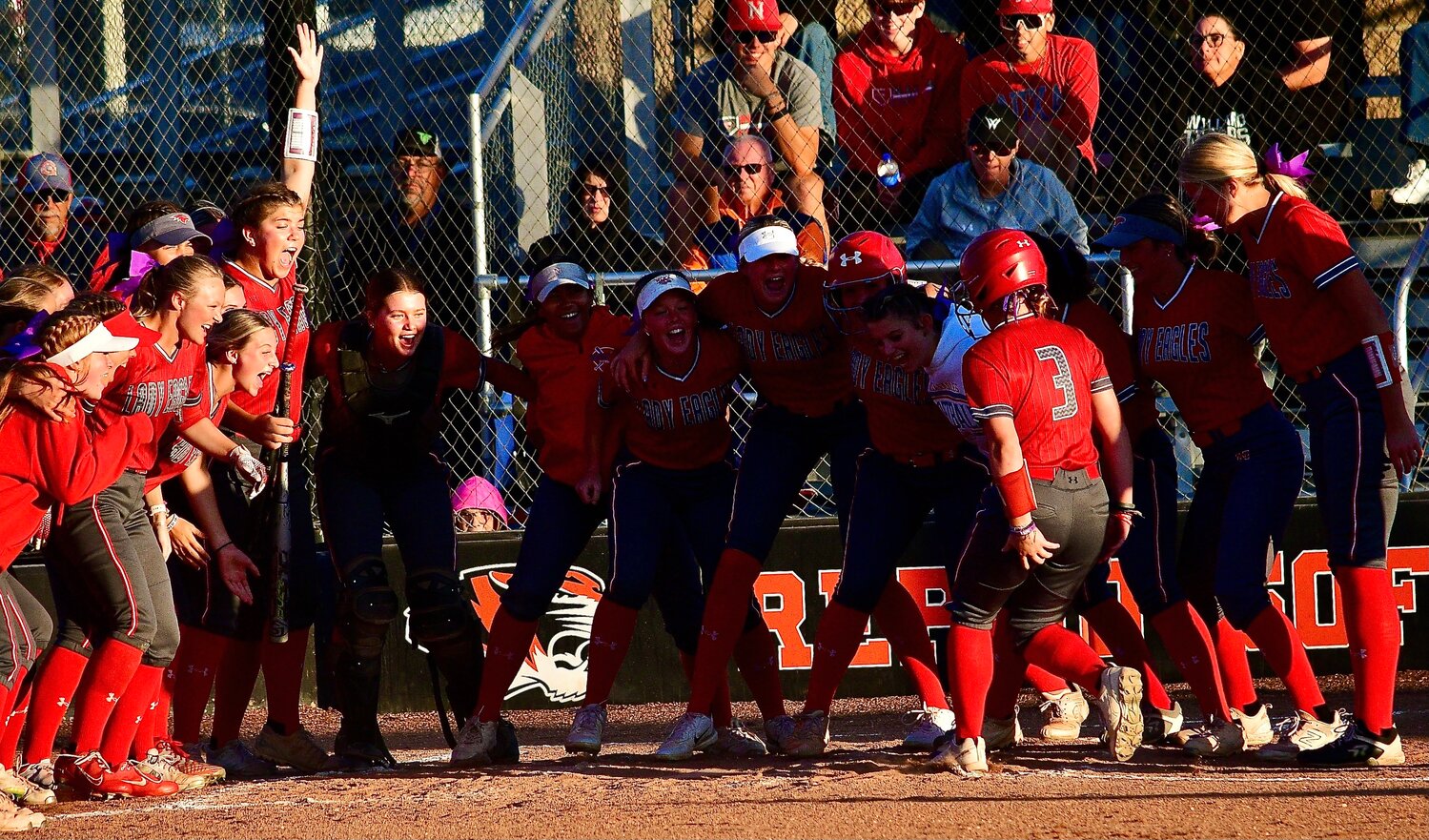 NIXA'S JALYN MABE is met at home plate by teammates following one of her two home runs Thursday.