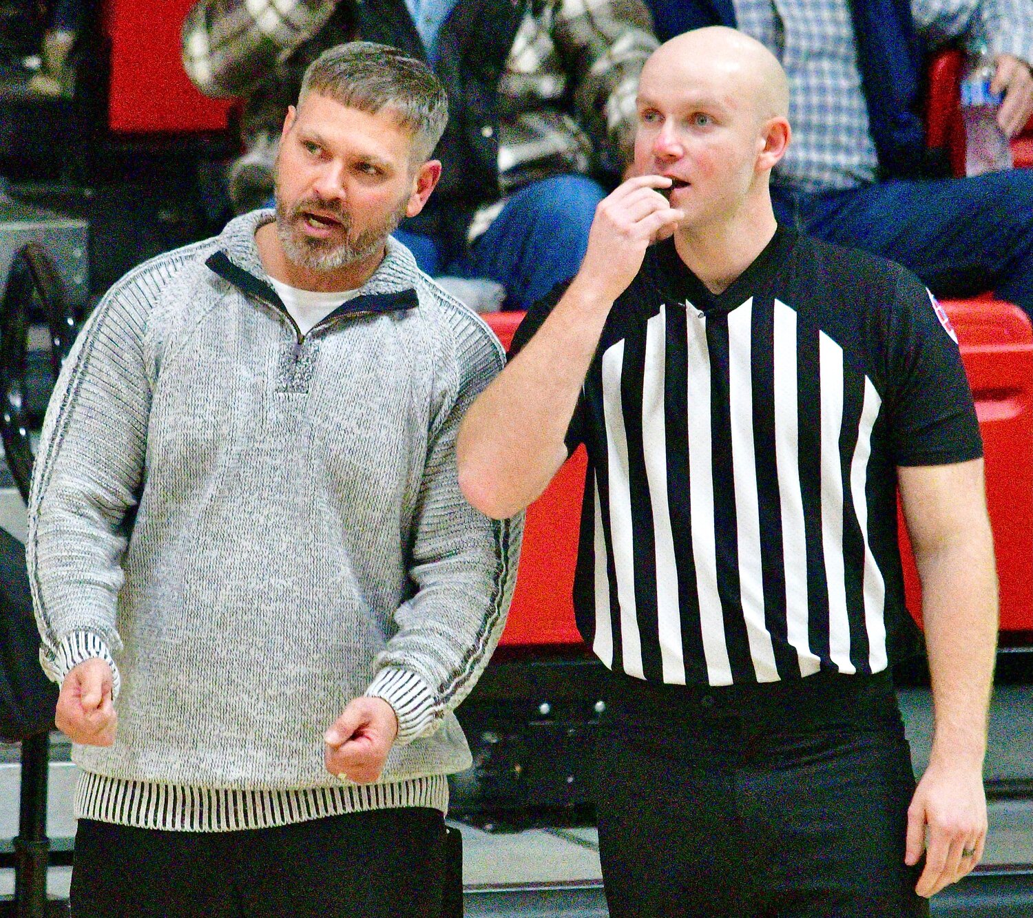 SPARTA'S JOSH LOVELAND chats with a referee.