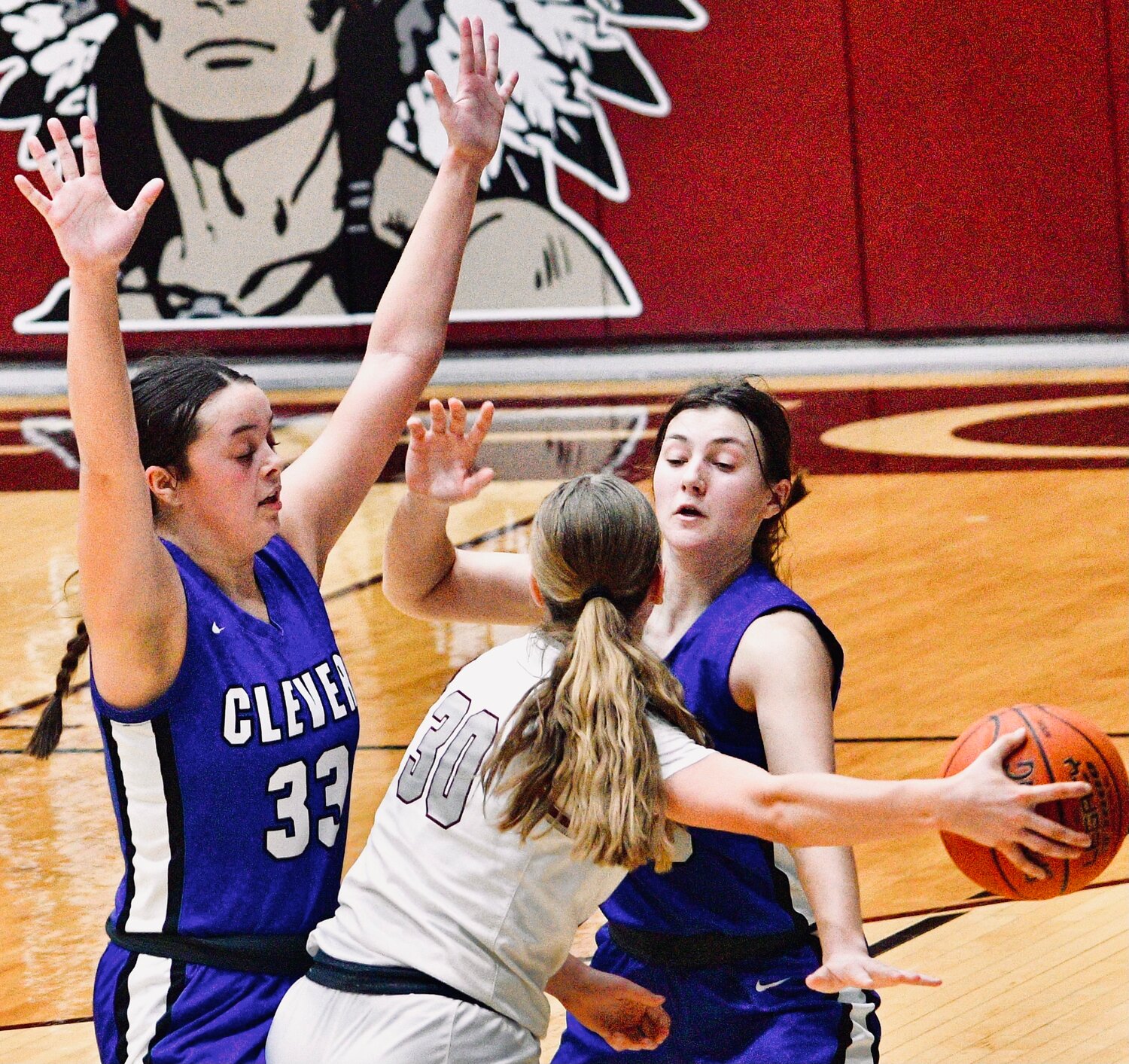CLEVER'S BAILIE MCCLANAHAN AND JAYLEIGN FLOOD trap a Strafford ball-handler.