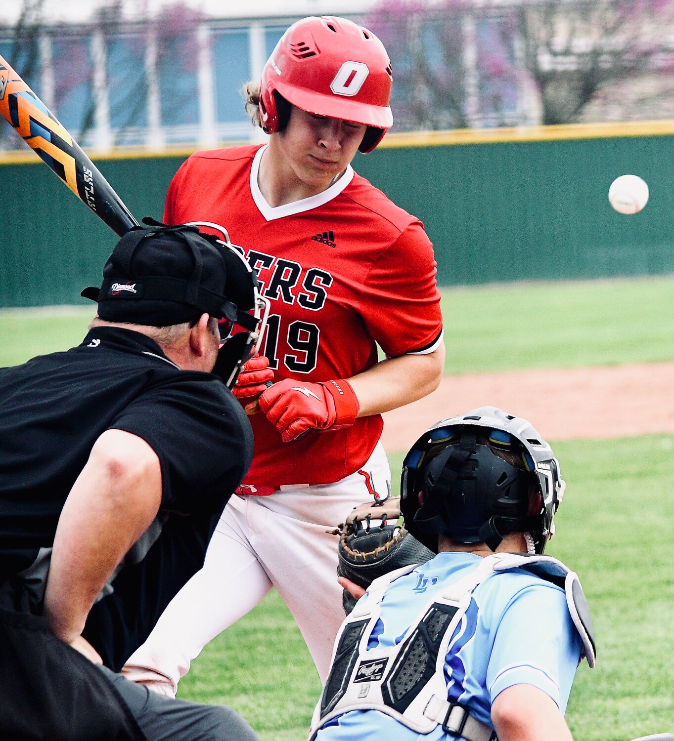 OZARK'S GEORGE REYNOLDS braces himself prior to being hit by a pitch.