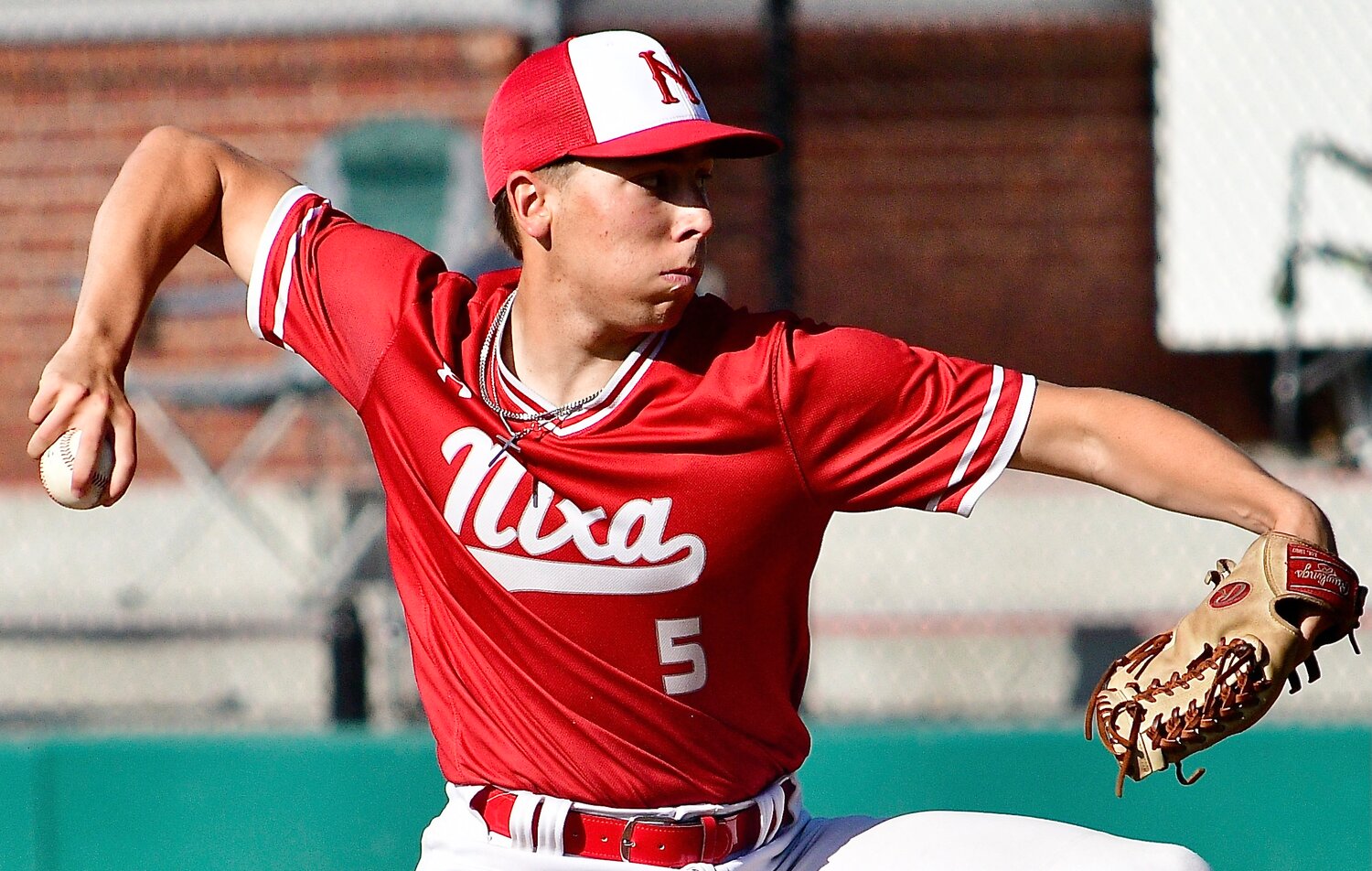 NIXA'S COLIN KELLEY begins his windup.