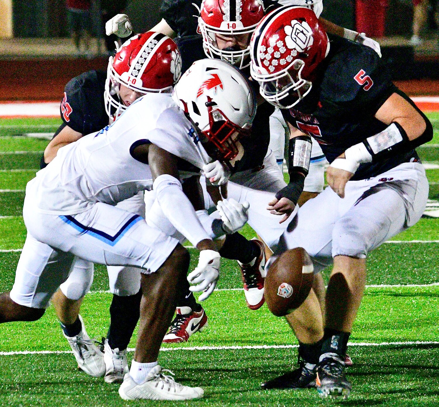 OZARK'S SAM SAVICH forces a Glendale fumble.