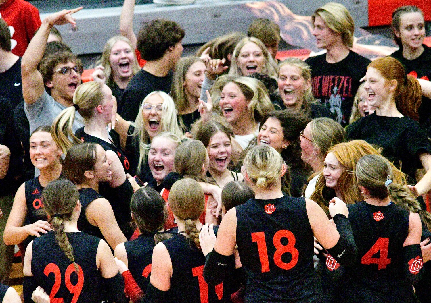 OZARK PLAYERS AND FANS celebrate the Lady Tigers' victory at Nixa.