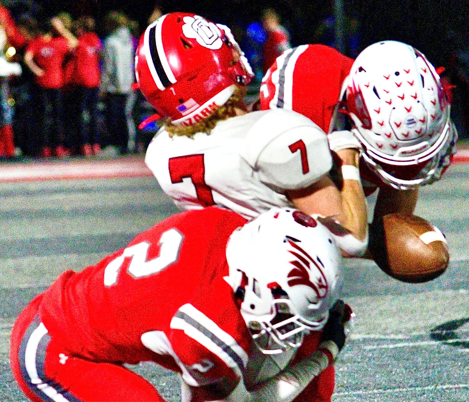 NIXA'S RANDY FLINT AND TY KELLIS force an incompletion on a pass to Ozark's Rory Banks.