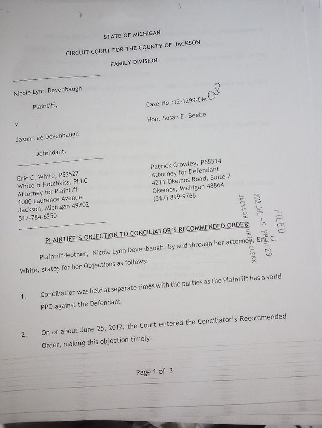 Page one of PPO mention from 2012 Divorce records Jackson County Circuit Court. 