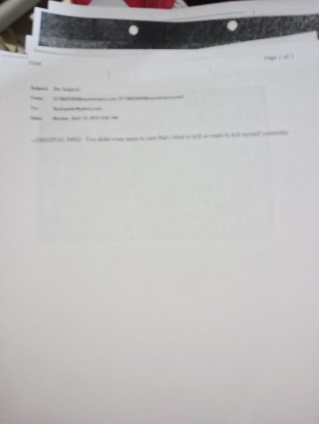 Devenbaugh suicide threat text two. This document is deliberately blurred. From the 2012 divorce file located in the Jackson County Circuit Court. 