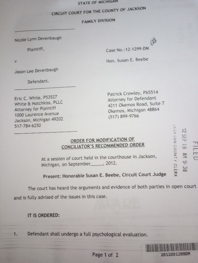 Court order directing Devenbaugh to have a psychological exam. Document from the 2012 divorce file located at the Jackson County Circuit Court. 