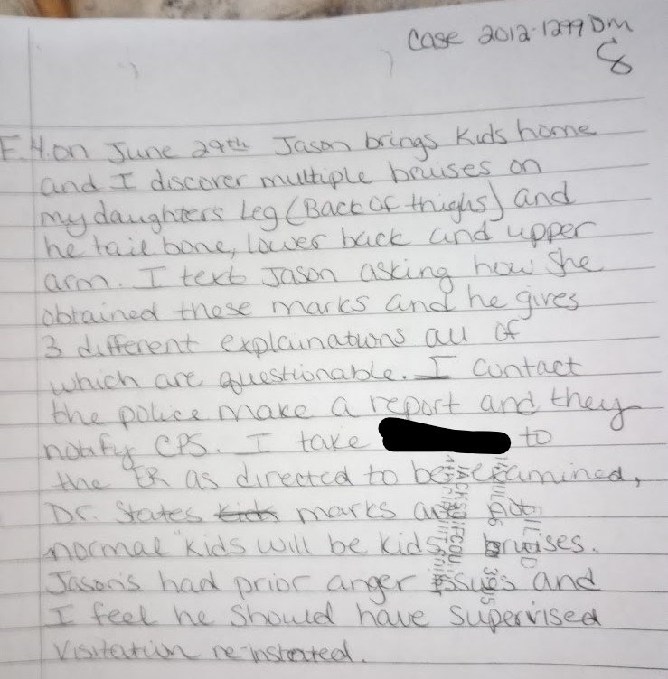 The name of the minor child with bruises has been redacted by City Pulse to protect her privacy. Handwritten allegation of bruising of child post visit located in the 2012 divorce file in Jackson County Circuit Court. 