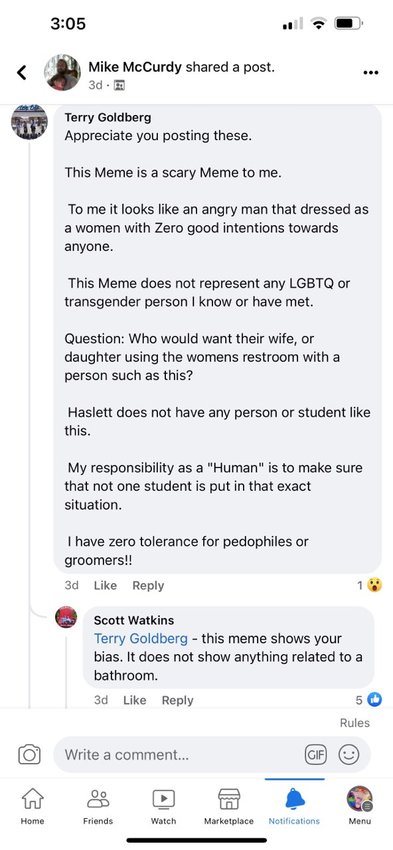 Screenshot of Goldberg's first defense of what many in Haslett called a 'transphobic' meme. He has since argued he will advocate, and has advocated for transgender youth.