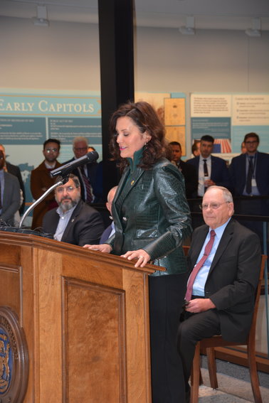 Gov. Gretchen Whitmer speaks at the dedication of Heritage Hall on Tuesday.