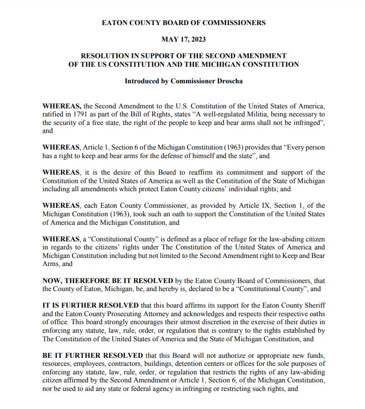 The first page of the 'Constitutional County' resolution passed by the Eaton County Commission this week. 