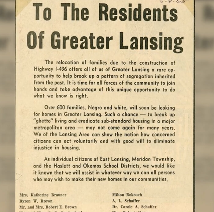 Courtesy photo
Citizens of communities around Lansing issued a notice that they would welcome “all persons” who were displaced by the freeway, but the reference to the razed Black neighborhood as part of a “ghetto pattern” raised the lasting ire of many residents.