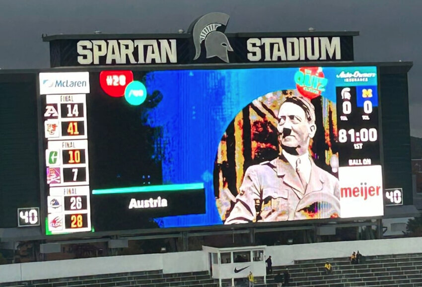 This image of Adolph Hitler was displayed during a football game at Spartan Stadium in October as part of a trivia quiz.