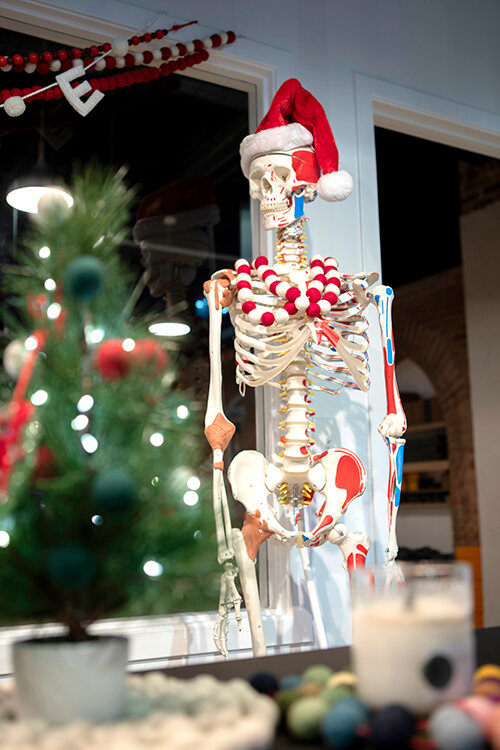 Raymond Holt for City Pulse
Skelly Bob is ready for the holidays! The rest of the year, he’s used for teacher and student training at REO Town’s Peoples Yoga. 