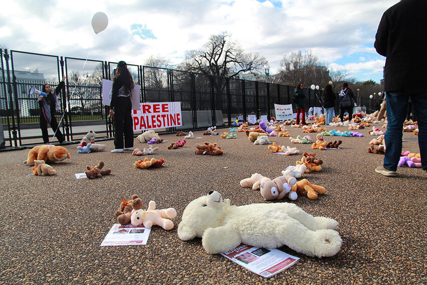 The sidewalk in front of the White House was littered with teddy bears, meant to represent children killed in Gaza. 