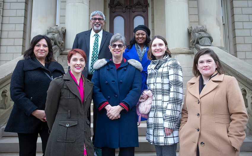 Members of the Greater Lansing legislative delegation, from left: Rep. Angela Witwer, D-Delta Township; Rep. Emily Dievendorf, D-Lansing; Sen. Sam Singh, D-East Lansing; Rep. Julie Brixie, D-Okemos; Sen. Sarah Anthony, D-Lansing; Rep. Penelope Tsernoglou, D-East Lansing; and Rep. Kara Hope, D-Holt. They are the subject of City Pulse’s new monthly feature, Letter from the Capitol.
