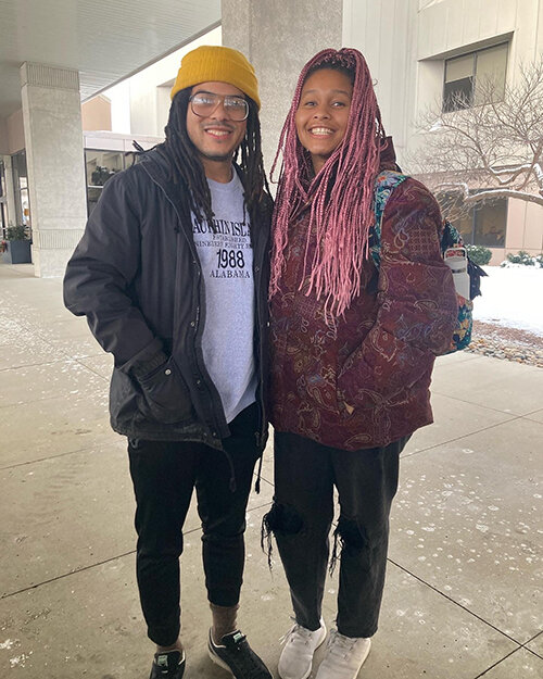 Artists (and mutual admirers) Elijah Hamilton-Wray and Samantha Modder paused for an informal portrait in January while installing their work at the MSU Residential College in the Arts and Humanities’ LookOut! Gallery.