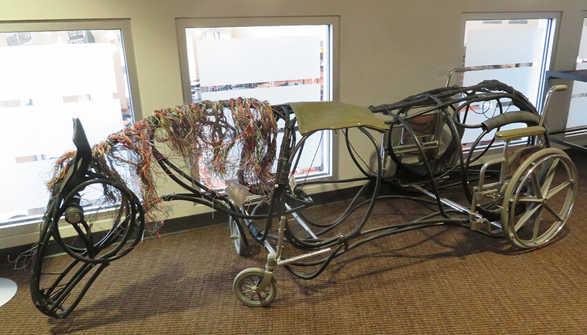 A sculpture inspired by the World War I drama “War Horse,” built by artist and LookOut! Gallery preparator Steve Baibak, is one of many pieces of art from previous exhibits that are tucked into the halls of the Residential College in the Arts and Humanities.