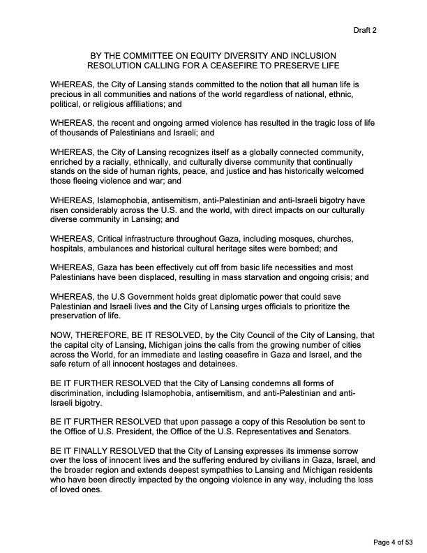 The ceasefire resolution as featured in the agenda packet for the special Feb. 6 Lansing Committee on Equity, Diversity and Inclusion meeting. (Click image to expand)