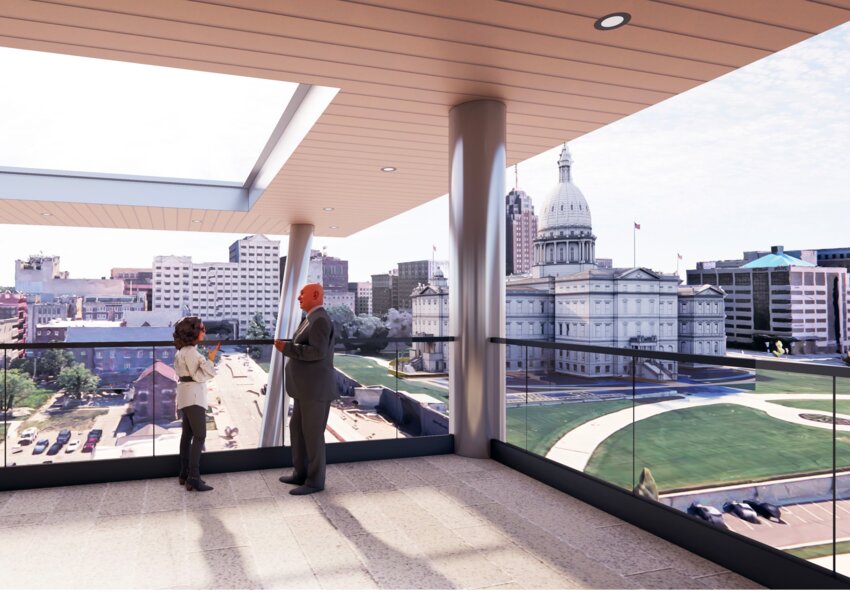 A conceptual rendering of the view from the balcony at the reworked Capitol Tower, 201 N. Walnut St.