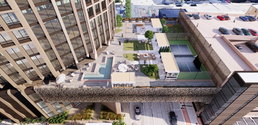 The Gentilozzi family has cut what was initially proposed as an acre of rooftop-style amenities at the Tower on Grand in half. The new amenity deck, pictured here, would overlook Grand Avenue as part of a bridge connecting the tower to the parking structure across the street. The space still includes gathering spaces, firepits, a pickleball court and a pool.
