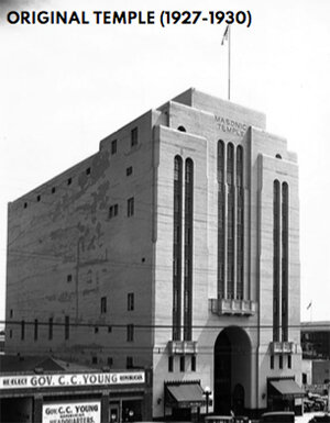 A 9-story, former Masonic Temple in Glendale, California, built in 1929 (above) closed in 1957, was renovated (right)into office space, an assembly hall and dining areas in 2015.