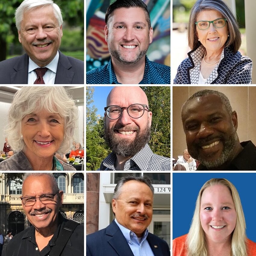 The Lansing Regional Chamber of Commerce's Charter Commission endorsements (from top left): Brian Jeffries, Ben Dowd, Elizabeth Driscoll Boyd, Joan Bauer, Stephen Purchase, Mahammad Qawwee, Keith Williams, Guillermo Lopez and Miranda Swartz.