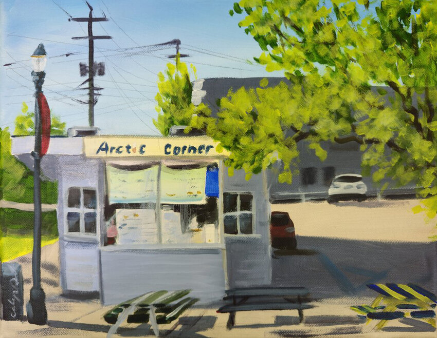 “Old Town Treat,” by Carolyn Damstra, is one of more than 25 pieces in En Plein Air Mid-Michigan’s August art show at Framer’s Edge in Okemos.