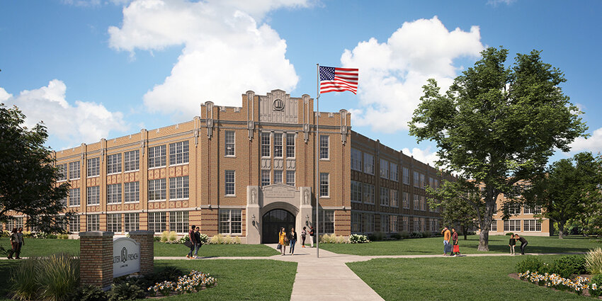 A rendering of the old Walter French Junior High School as it is expected to look next year, when it reopens as Residences at Walter French.