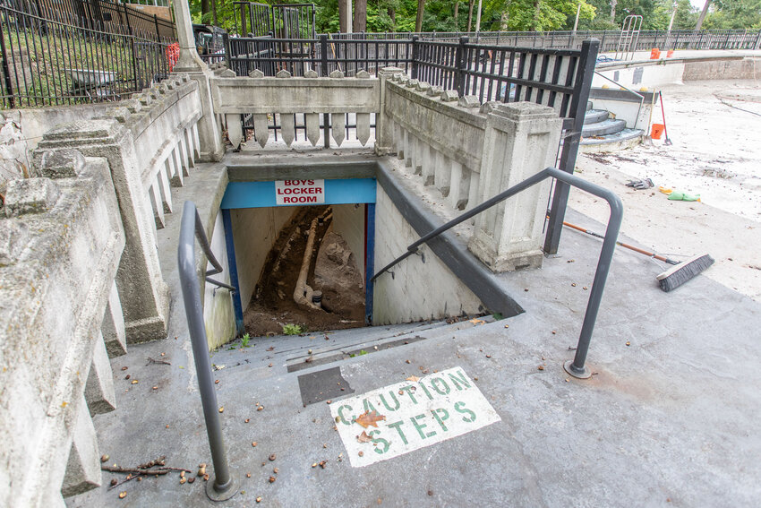 Construction crews spent the summer tearing out sections of the pool's interior locker rooms to outfit them with upgraded pipe systems.