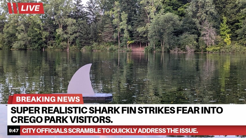 A Stupid Lansing news mockup about the Crego Park shark fin.