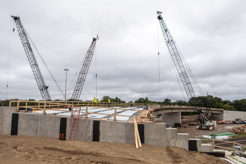 Work continues at the I-127/I-496 bridge construction site off Trowbridge Road in East Lansing.