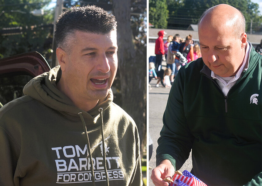 Barrett (left) during a Charlotte Frontier Days parade interview Saturday. Hertel handing out American flags to spectators.