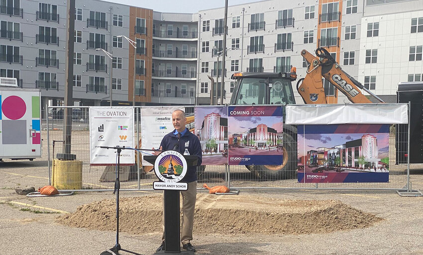 Lansing Mayor Andy Schor presided over the Ovation’s groundbreaking last summer at the corner of Washington Square and Lenawee Street in downtown Lansing. The property formerly belonged to Lake Trust Credit Union. The city also acquired the old Lansing Credit Bureau on Washington and is renovating it as the new home of the Lansing Public Media Center.