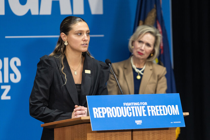 (From left) Reproductive freedom advocate Hadley Duvall explains how she was impregnated by her former stepfather at age 12 as Gwen Walz, wife of Minnesota Gov. and Democratic Vice-Presidential nominee, Tim Walz, expresses concern.