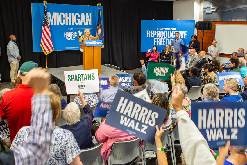 Gwen Walz, First Lady of Minnesota, draws cheers from the crowd at Lansing Community College’s West Campus.