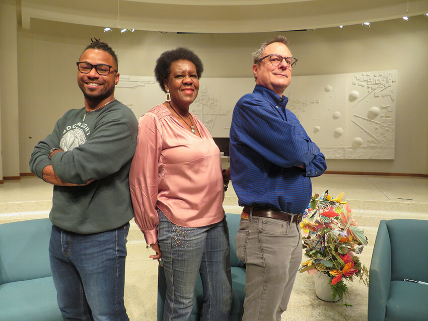 Lawrence Cosentino/City Pulse
In 2022, Bryan, who founded the Justice League of Greater Lansing, and League President Prince Jerold Solace (left) formed the nucleus of a faith-based group building a reparations endowment for Lansing-area African Americans in the key areas of education, business and housing. To date, the League has raised $450,000, with Lansing First Presbyterian Church (Pastor Stanley Jenkins, right) pledging $100,000.