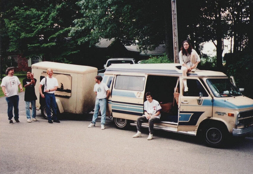 Courtesy Jeff Sipe
The Aquarium Rescue Unit storms suburbia in its 1970s heyday. From left: leader and musical maverick Col. Bruce Hampton, bassist Oteil Burbridge, guitarist Jimmy Herring, an unknown roadie, mandolinist Matt Mundy and drummer Jeff Sipe.