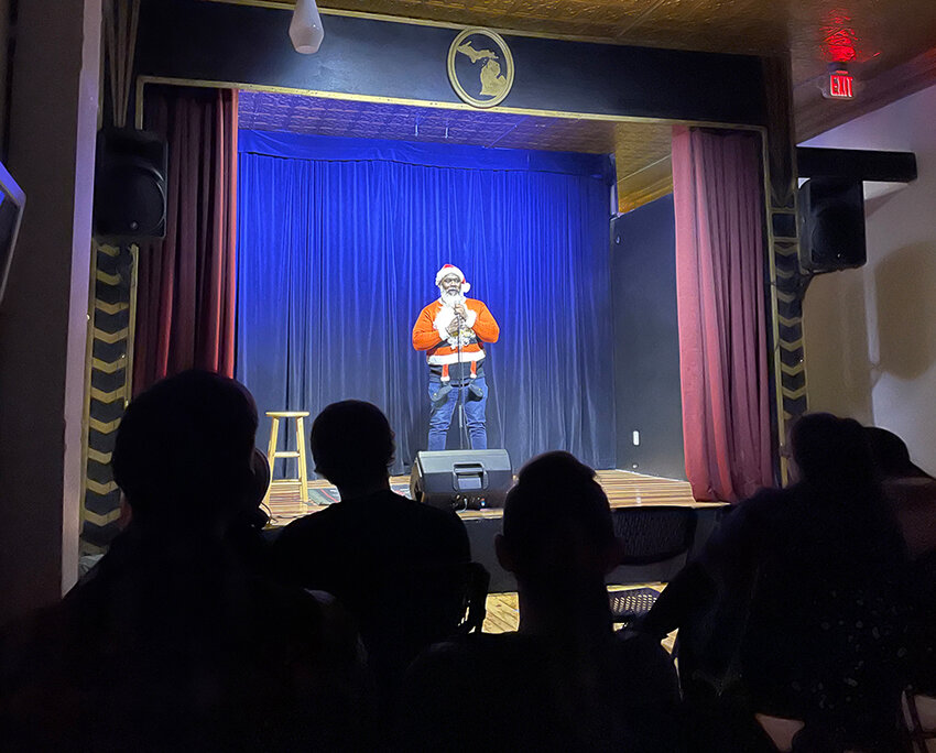 Photo by Dylan Rogers
Geeter performs at the Robin Theatre in REO Town, where he regularly hosts comedy shows. The next will be Thursday evening (March 13), featuring Ann Arbor comedian Greg Sharp and Detroit comedian Tam White.