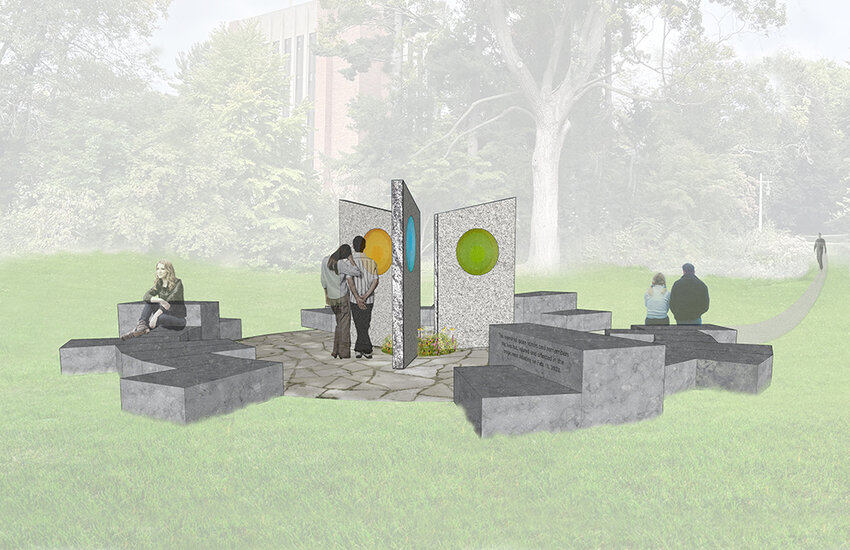 James Dinh’s design features three radiating stone walls framing a glass window.