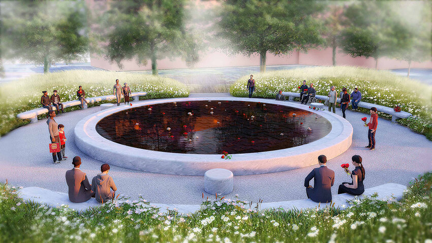 Carlos Portillo and Jessica Guinto’s design features a black granite reflective pond.
